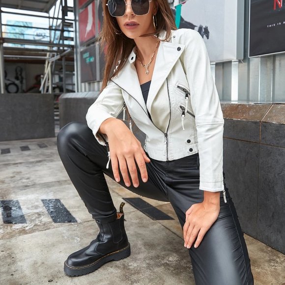 White Preppy Womens Zip Front faux Leather Moto Jacket - Picture 5 of 5